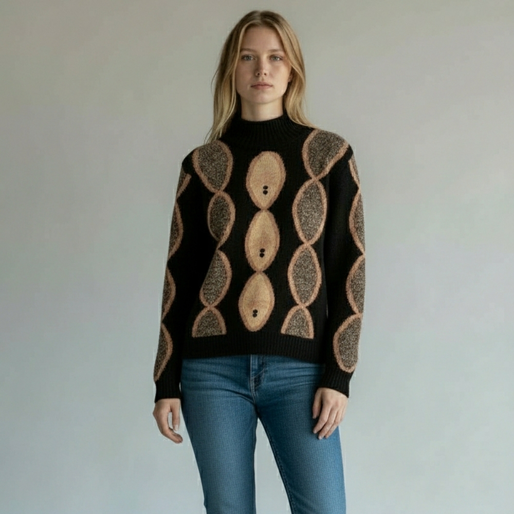 JEANNE PIERRE Vintage Mock Neck Geometric Pattern Black & Brown Sweater